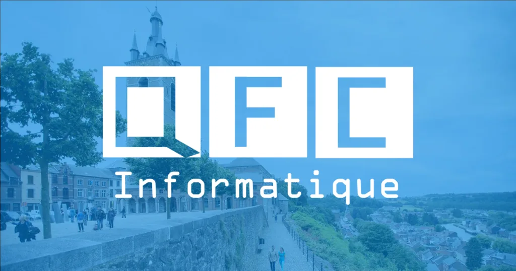 Vue de Thuin avec le logo QFC Informatique en avant-plan